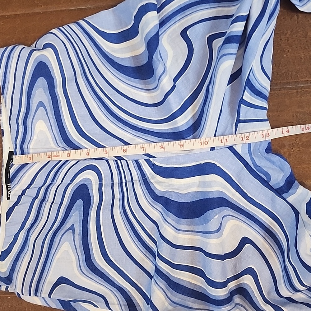 Zara Blue White High Waist Flare Slit Leg Wavy Swirl Linen Blend Pants - Picture 7 of 12